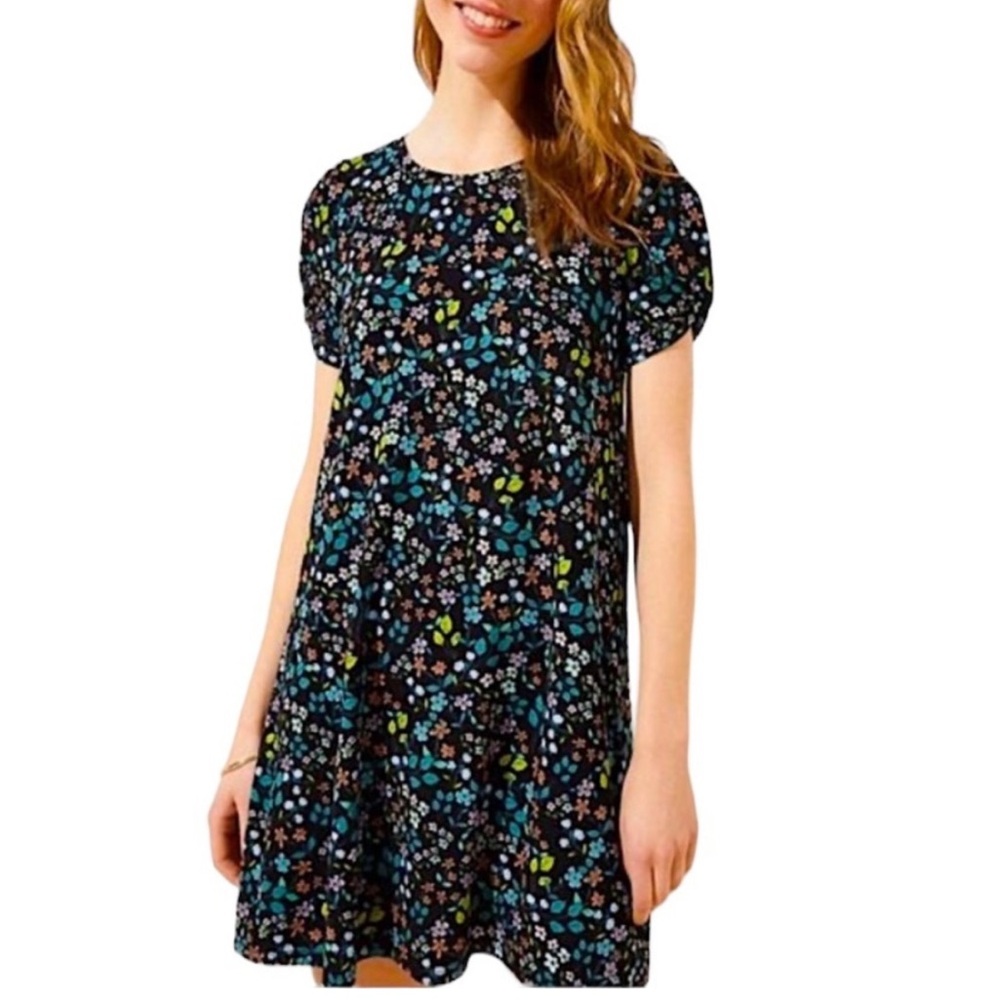 Ann Taylor LOFT Ditsy Floral Print Stretchy Jersey Knit Shirt Dress Black Large
